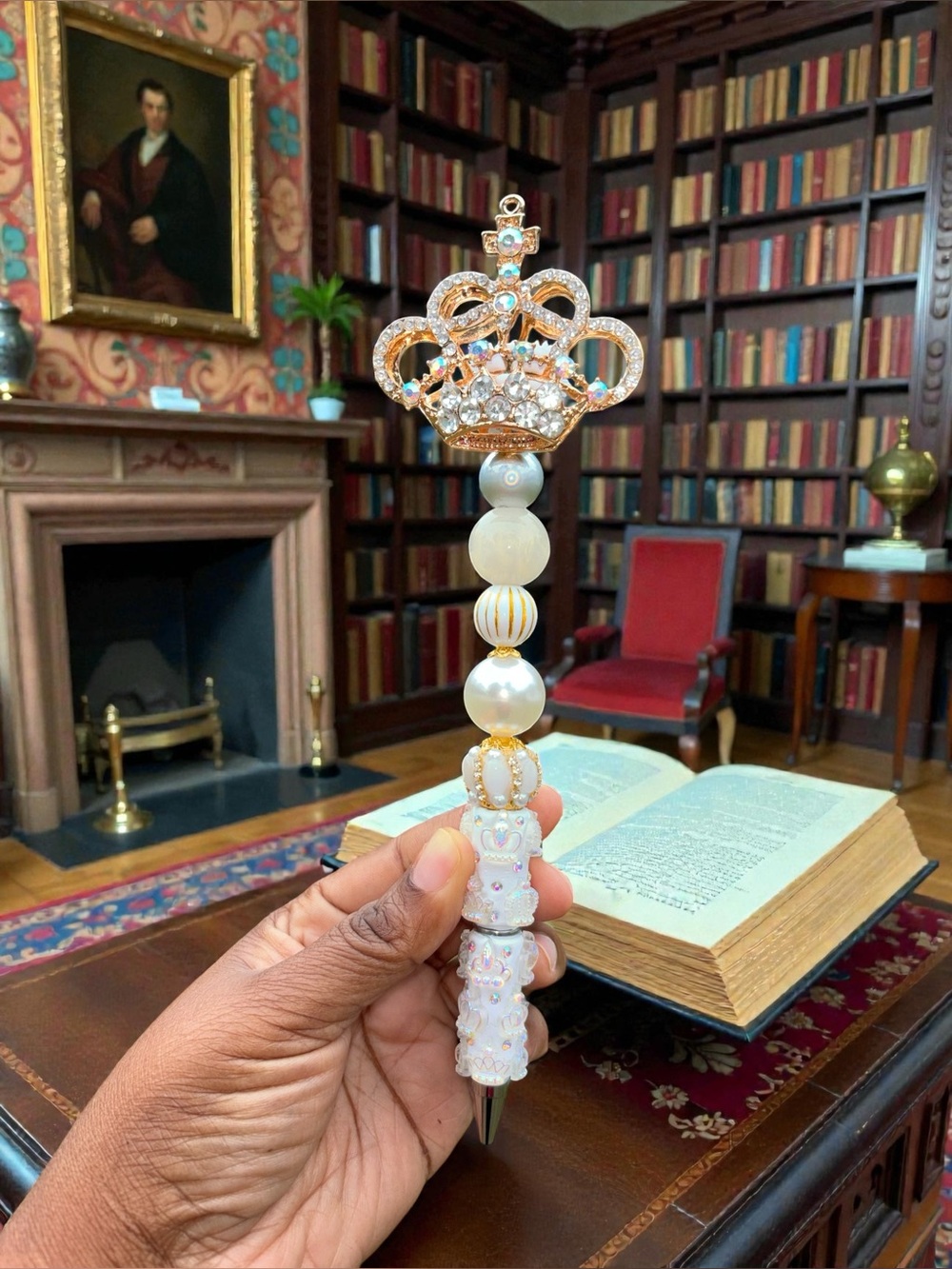 Handcrafted Crown-Topped Jeweled Pen in Gold and Pearl
